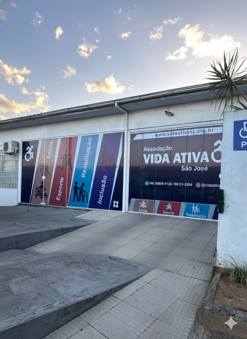 Fachada da sede da Associação Vida Ativa São José, em Criciúma, com os pilares Saúde, Esporte, Reabilitação e Inclusão